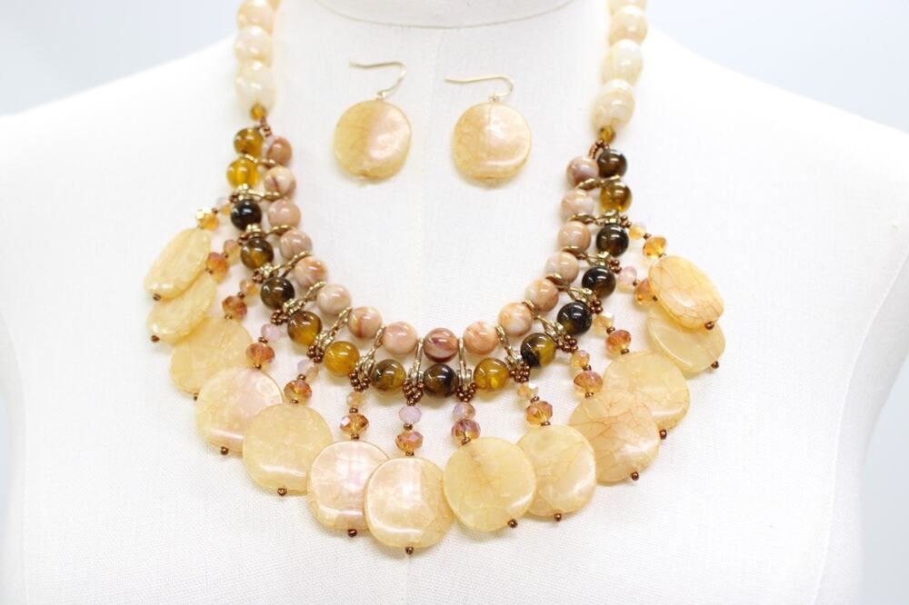 Chunky Plastic Statement Necklace Earring Set Beige Faux Amber Statement Boho